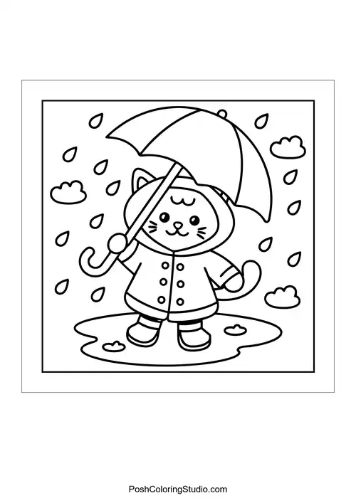 A cat holding an umbrella in the rain.