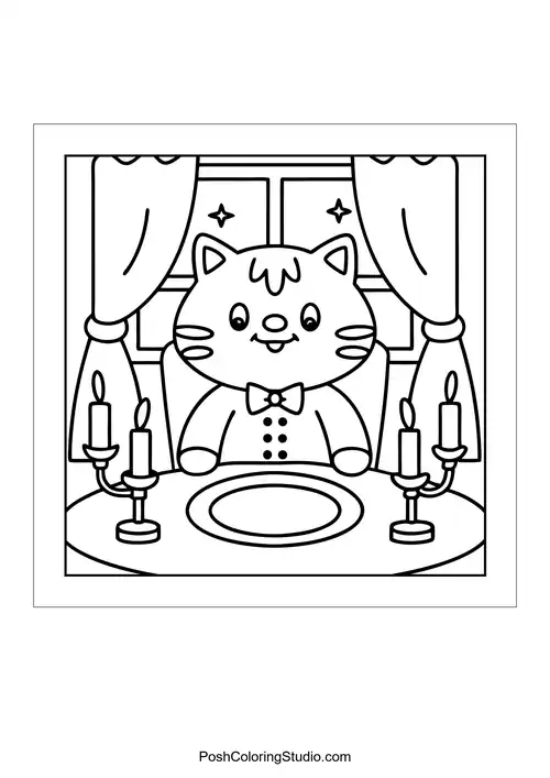 A cat at a dining table with candles and a plate.