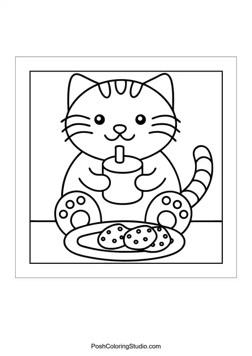 A cat enjoying cookies and a drink at a table.