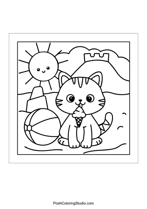 A cat with an ice cream cone on a sunny beach.