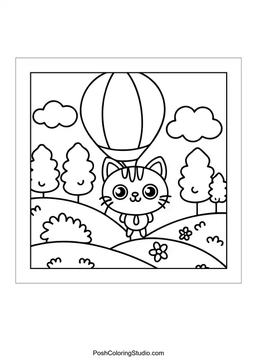 A cat in a hot air balloon floating above hills.