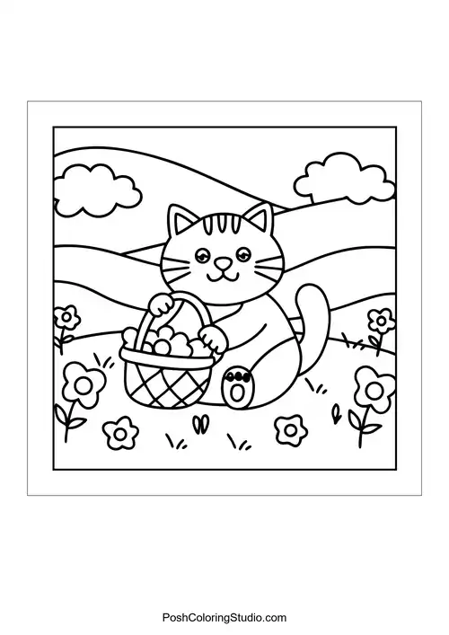 A cat holding a basket of eggs in a field.