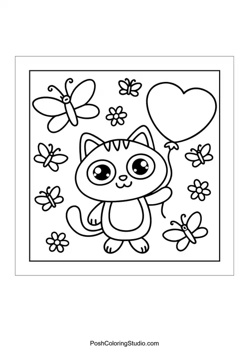 A cat holding a heart-shaped balloon surrounded by butterflies.