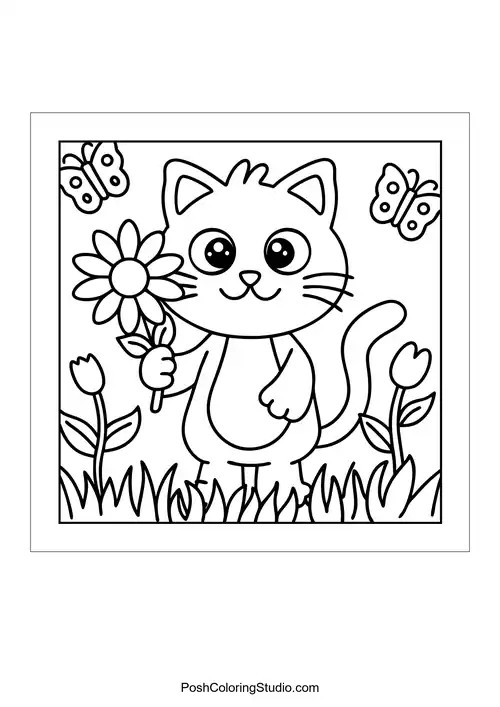 A cat holding a flower in a garden setting.