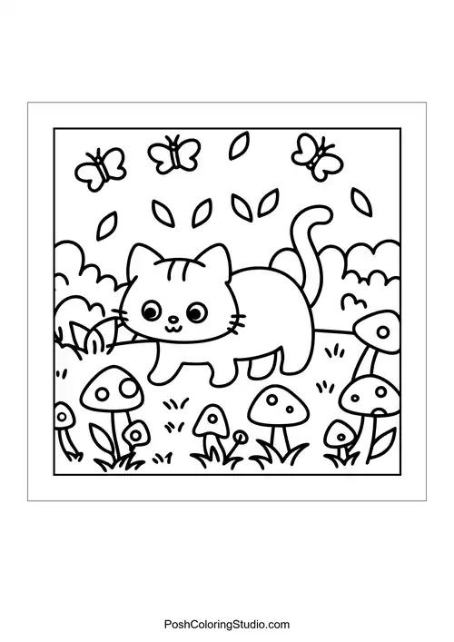 A cat exploring a field with mushrooms and butterflies.
