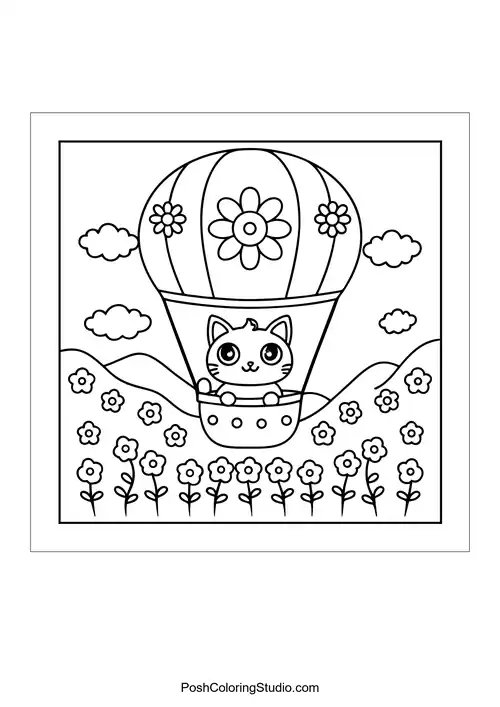 A cat in a hot air balloon above flowers.