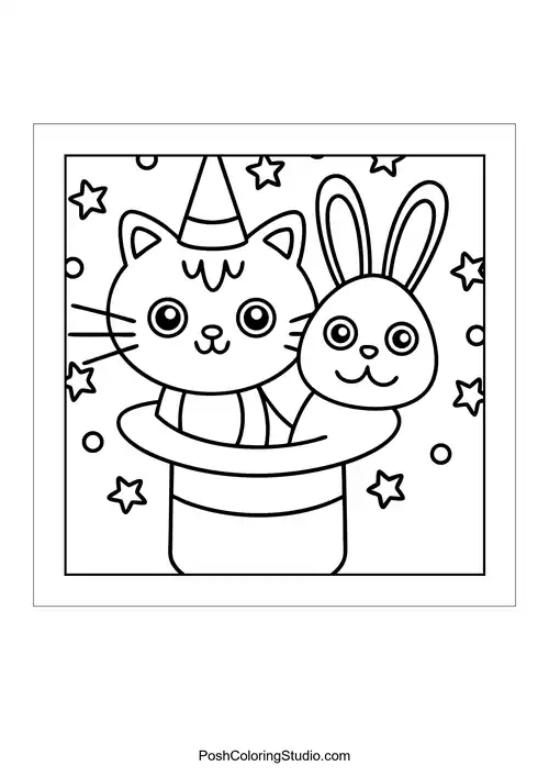 A cat with a party hat and a bunny friend.