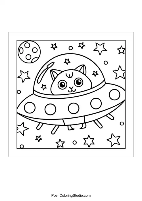 A cat in a spaceship flying through space.