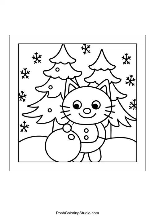 A cat with a Christmas ornament in a snowy scene.