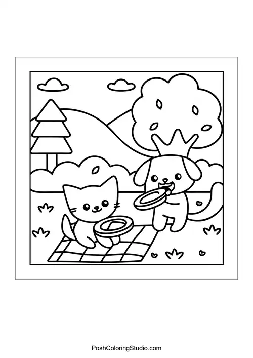 A cat and a dog playing with bowls in a park.