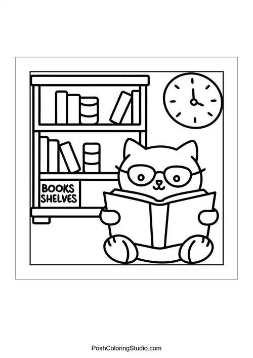 A cat wearing glasses reads a book in front of a bookshelf.