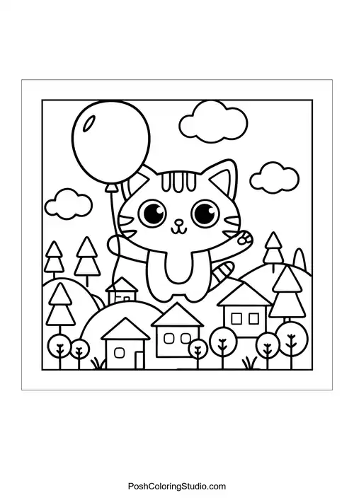 A cheerful cat holds a balloon above a landscape with houses.