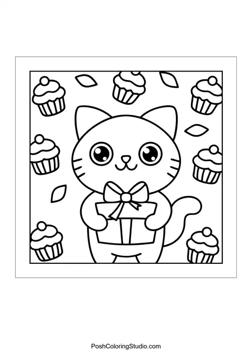 A cat presents a gift surrounded by cupcakes and leaves.
