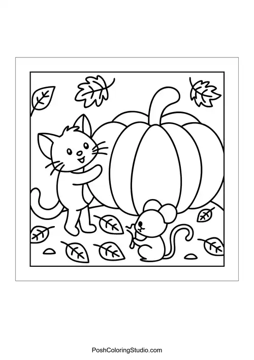 A cat and a mouse beside a large pumpkin.