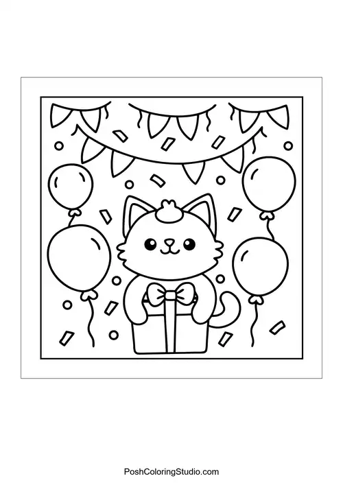 A cat in a party hat holds a gift amidst balloons and confetti.