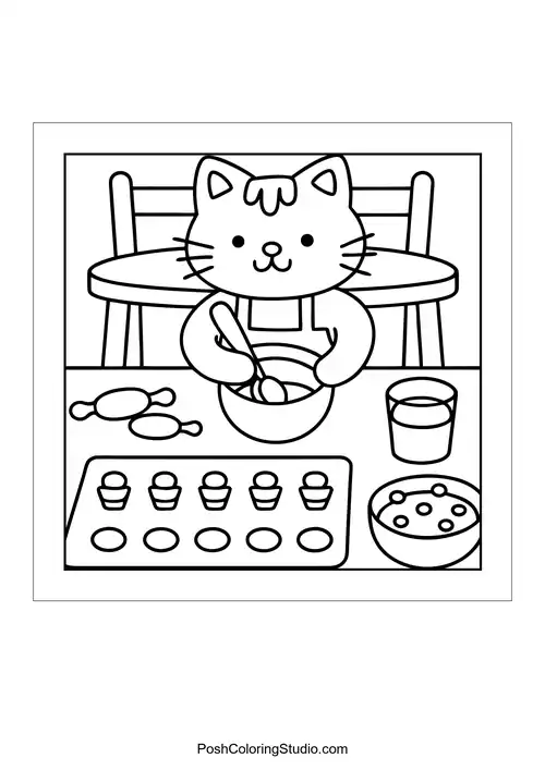 A cat mixing ingredients in a bowl with utensils.