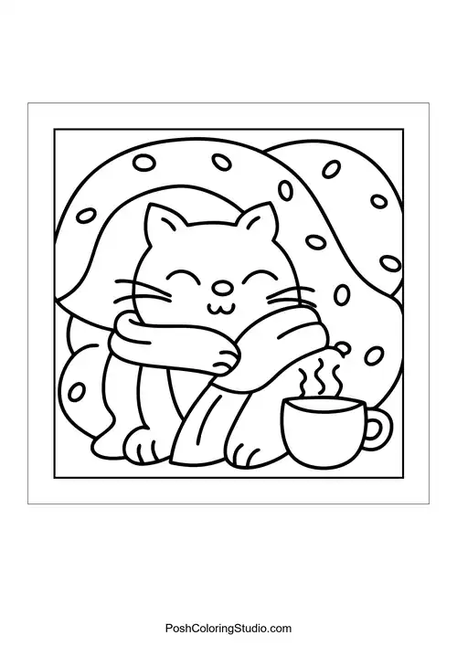 A cozy cat wrapped in a blanket with a drink.