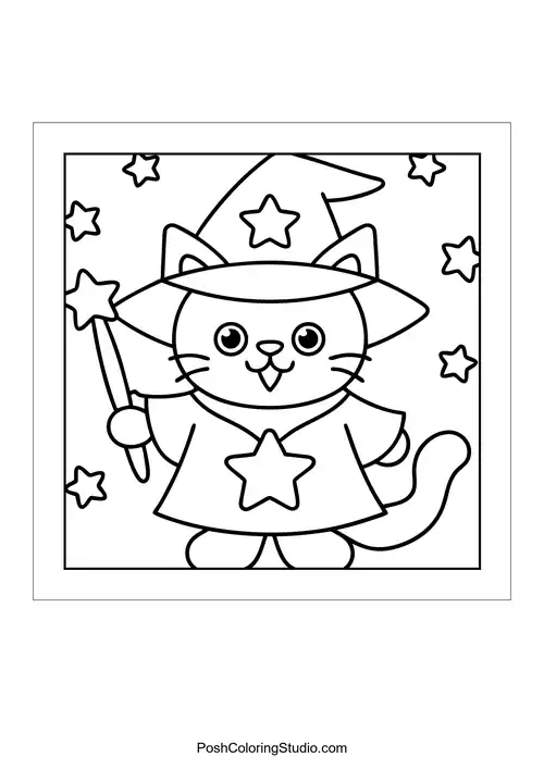 A wizard cat wearing a hat and holding a wand.