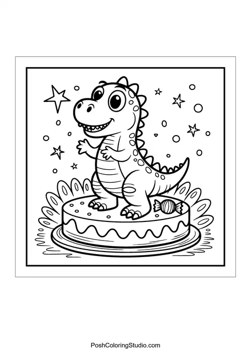A dinosaur on a cupcake surrounded by colorful eggs.