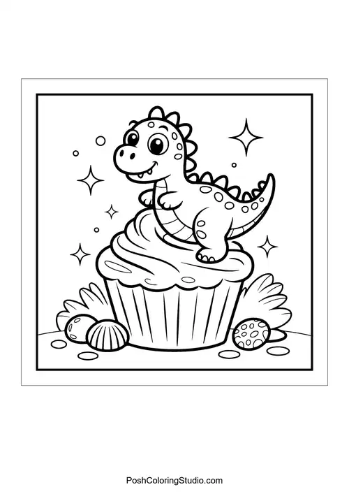 A dinosaur with macarons in a playful pose.