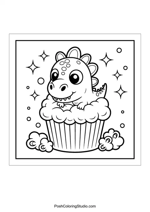 A dinosaur sitting on a cupcake with clouds around it.