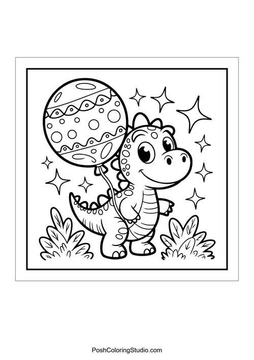 A dinosaur popping out of a gift box with a balloon.