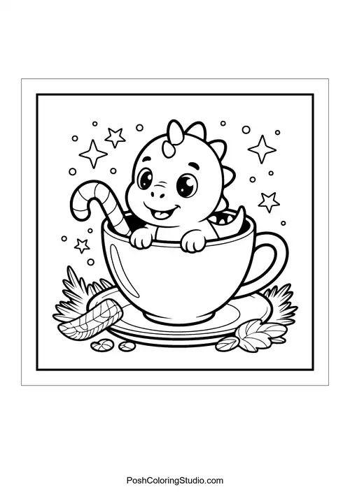 A dinosaur peeking out of a teacup with a candy cane.