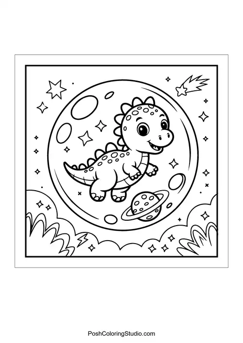 A dinosaur sitting on a flower with a butterfly above.