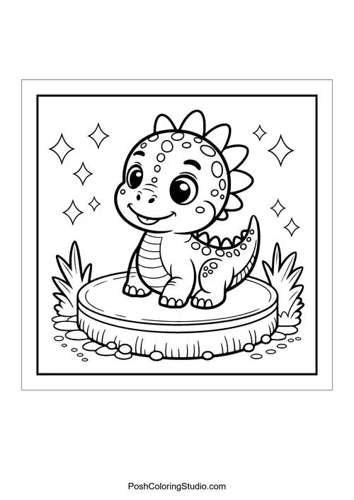 A dinosaur sitting on a cupcake with hearts around.