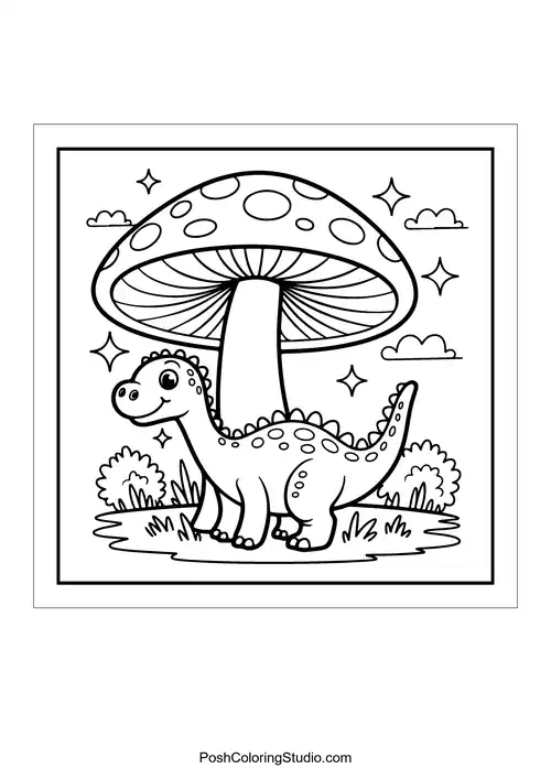 A dinosaur standing next to a mushroom in a grassy area.