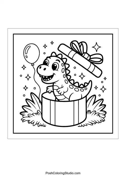 A dinosaur surrounded by flowers and stars in a garden.