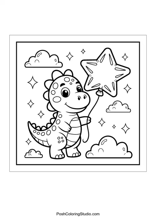 A dinosaur holding a star-shaped balloon among clouds.