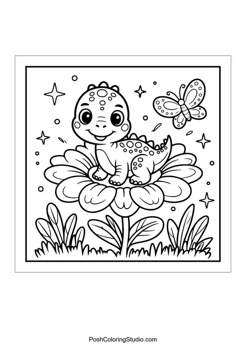 A dinosaur playing with a butterfly in a garden.