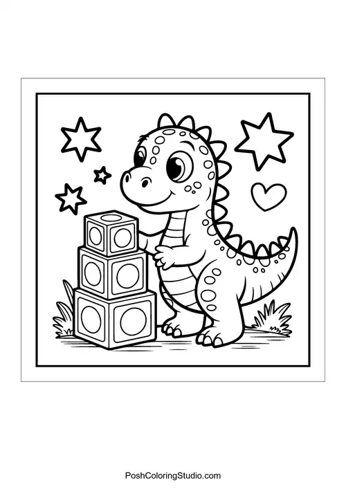 A dinosaur surrounded by flowers and stars in a garden.