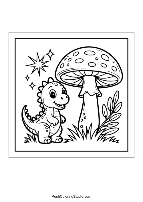 A dinosaur with a big smile and a star above.