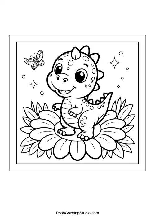 A cheerful dinosaur standing on a large flower with a butterfly nearby.