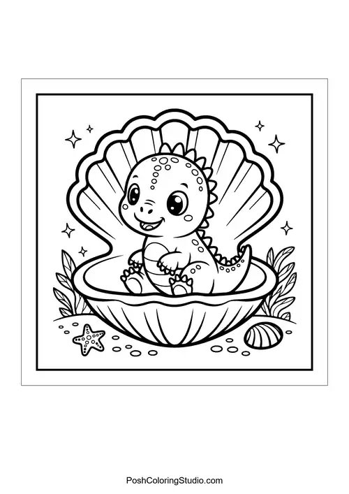 A dinosaur sitting inside a large seashell with a starfish nearby.