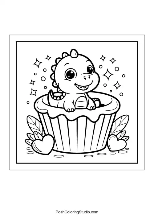 A dinosaur peeking out from a cupcake decorated with hearts.