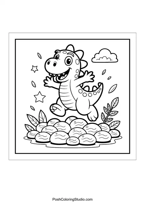 A dinosaur joyfully jumping on a pile of rocks with leaves around.