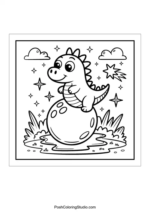 A dinosaur splashing in a waterfall with mushrooms nearby.