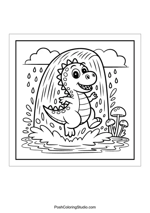 A dinosaur standing on a cake with seashells around.