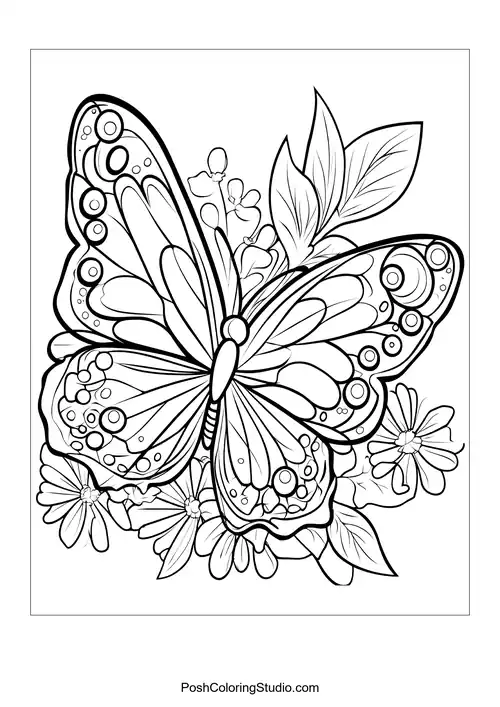 A butterfly with detailed wings is surrounded by flowers.