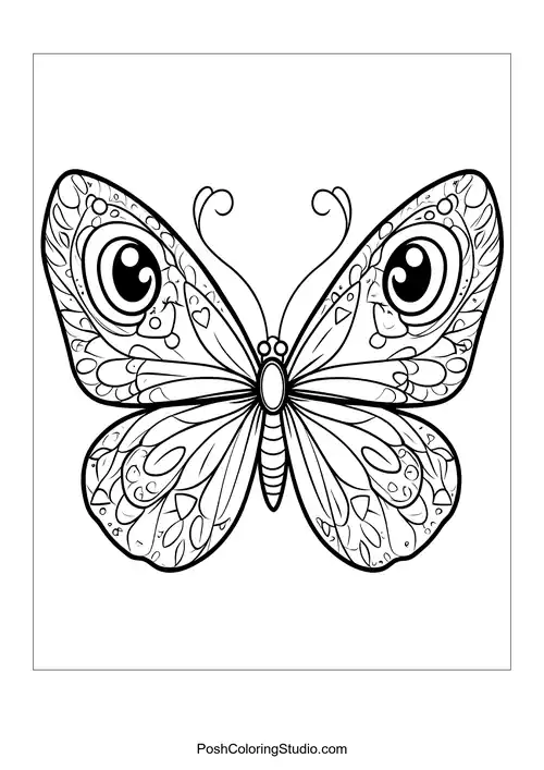 A butterfly with large eyes and floral decorations.