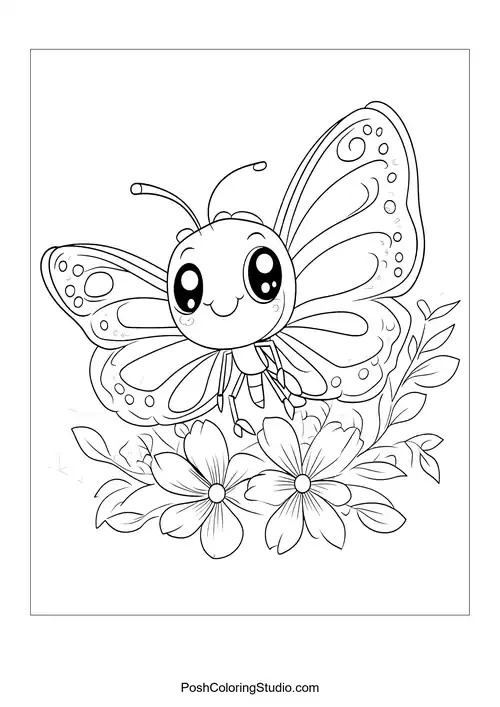 A butterfly with large wings and flowers around it.