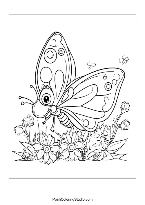 A butterfly with decorative wings and flowers nearby.