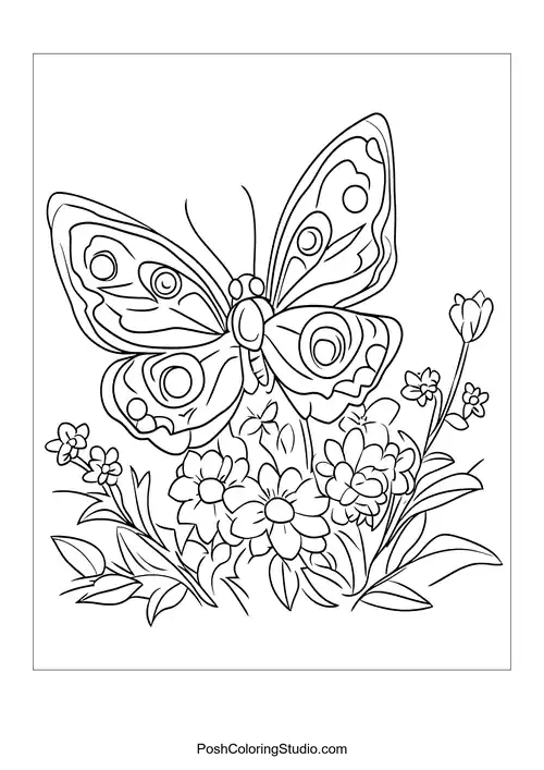 A butterfly with large wings and flowers in the background.