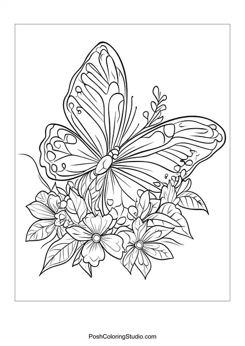 A butterfly with decorative wings and flowers around it.