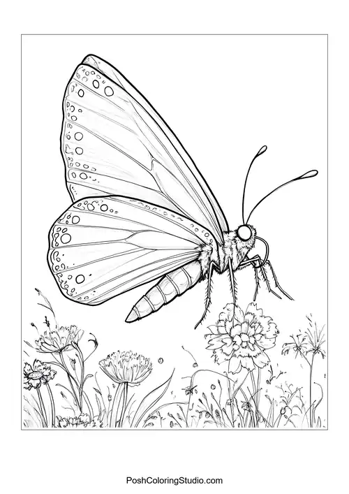 A butterfly with intricate wing patterns stands among flowers.
