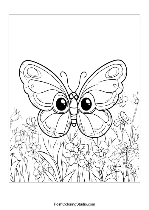 A butterfly with large wings and flowers nearby.