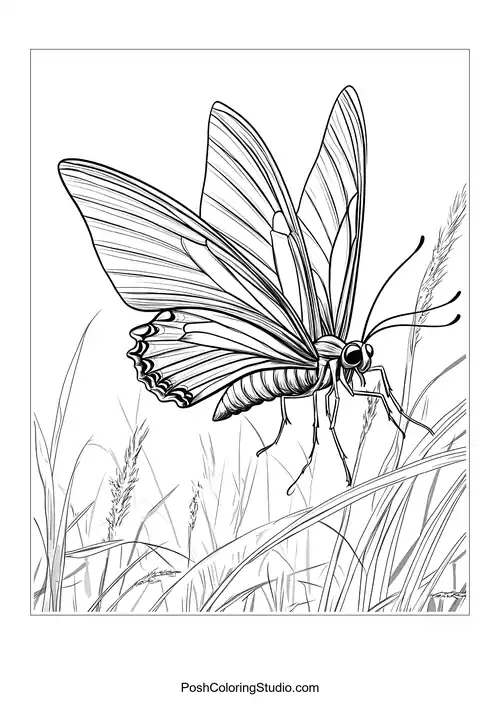 A butterfly with large wings and flowers around it.